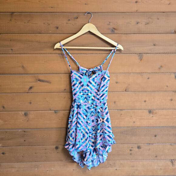 Lovers + Friends Geometric Rainbow Tank Top Romper Ruffle Bottom Open Back XS - Picture 1 of 5